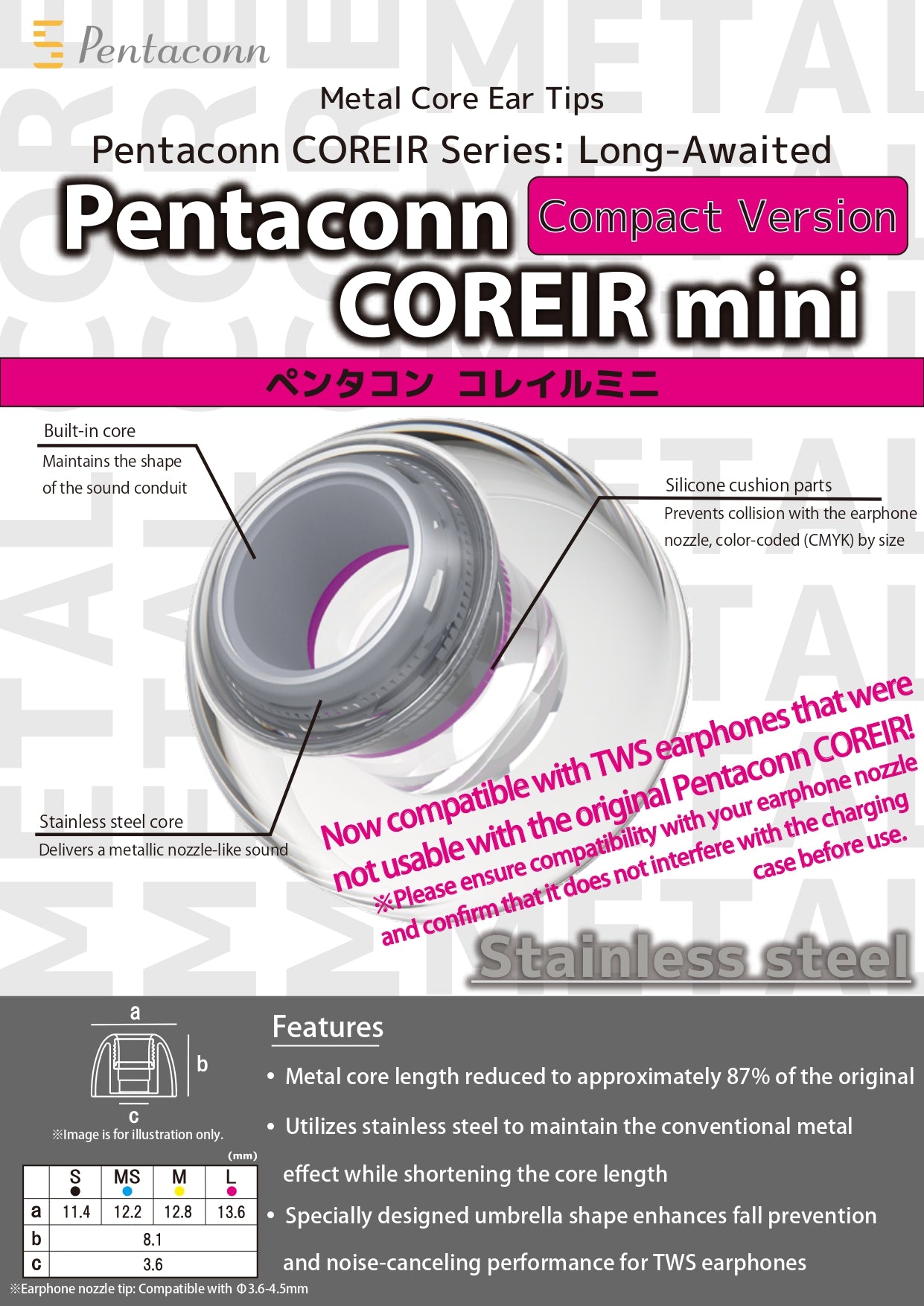 Pentaconn COREIR mini (SS) - Eartip replacement for TWS from JPN