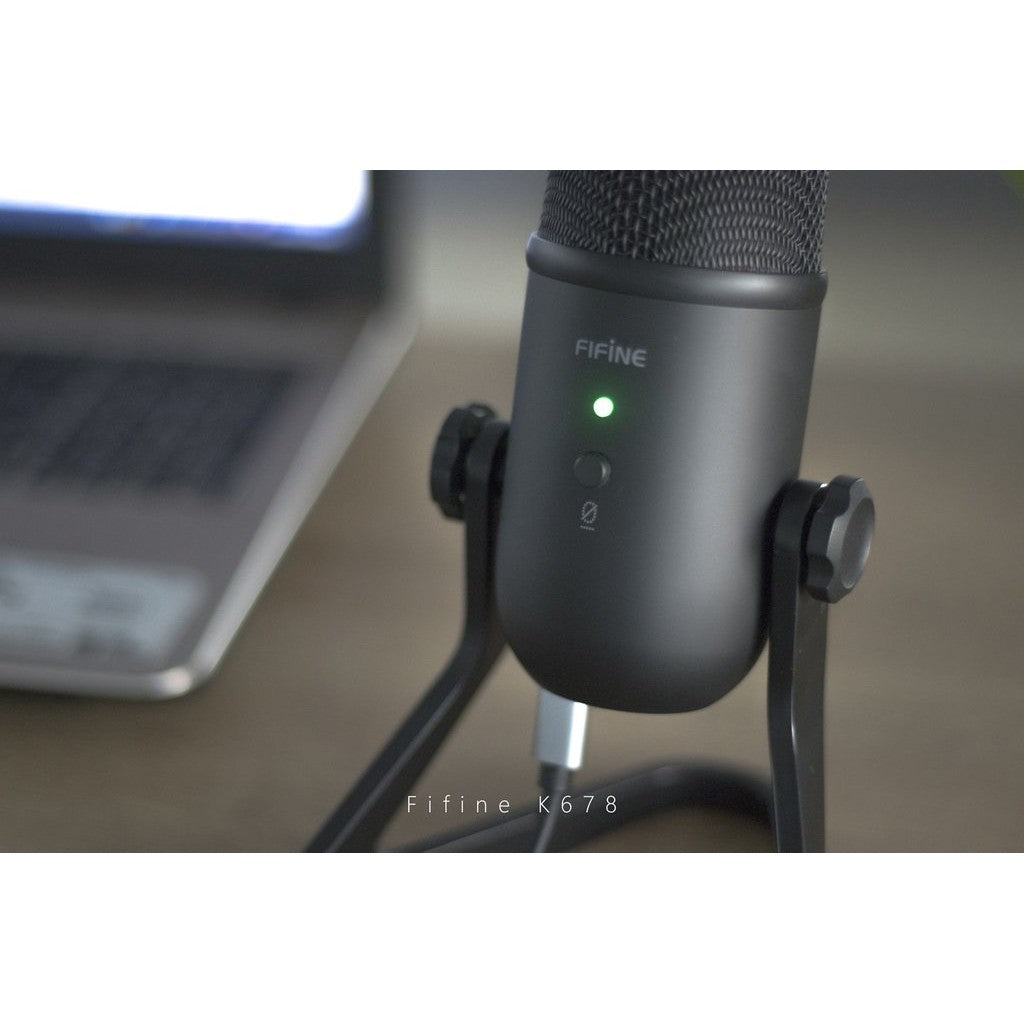 Fifine K678 Mikrofon USB Dengan Bicu Monitor Kawalan Output & Keuntungan Input Dan Butang Redam